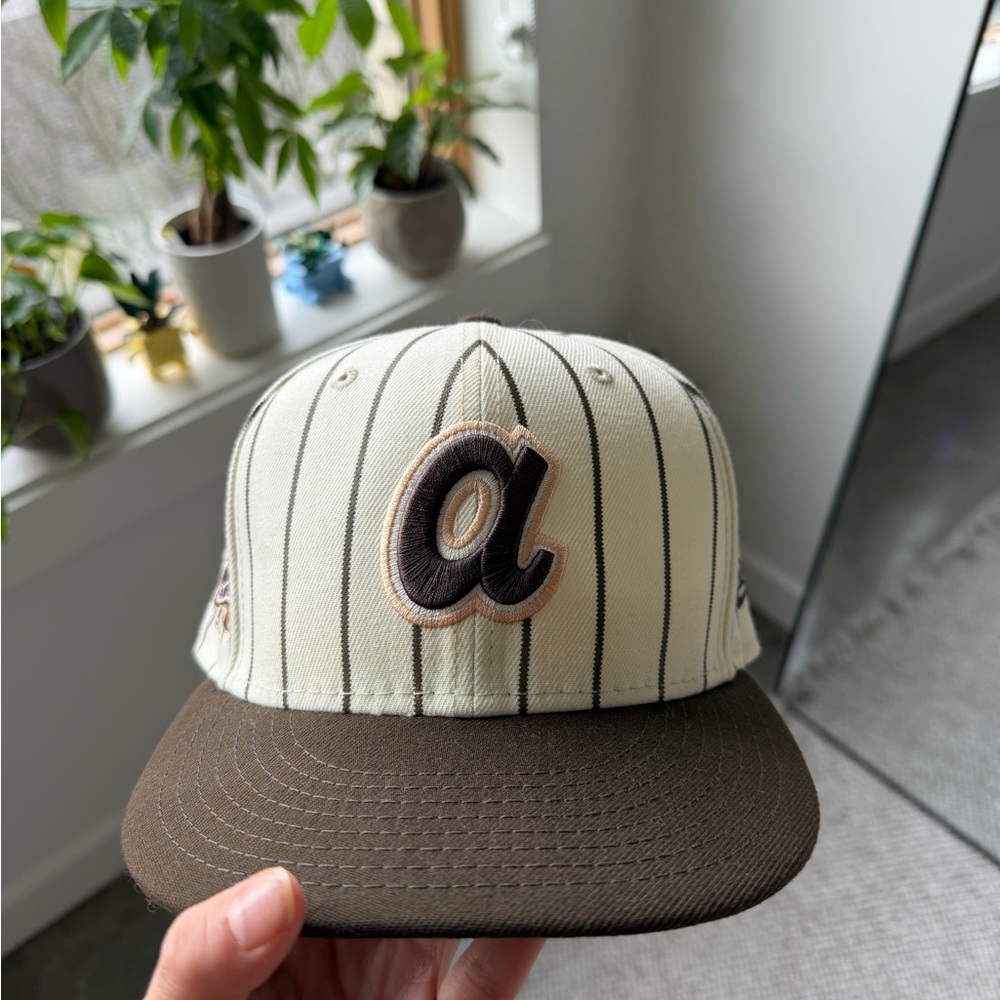 New Era Cream Pinstripe Baseball Cap with Brown Brim and 'a' Patch